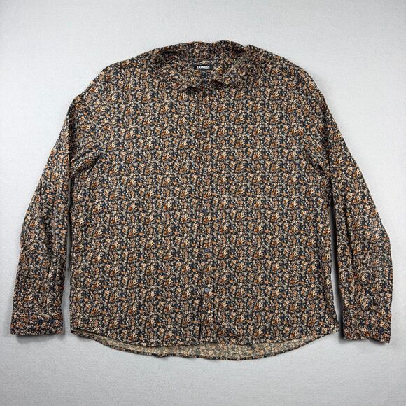 Express Tops - Express Floral Button Up Shirt Womens XL Navy Orange Ditsy Cotton Grandmacore